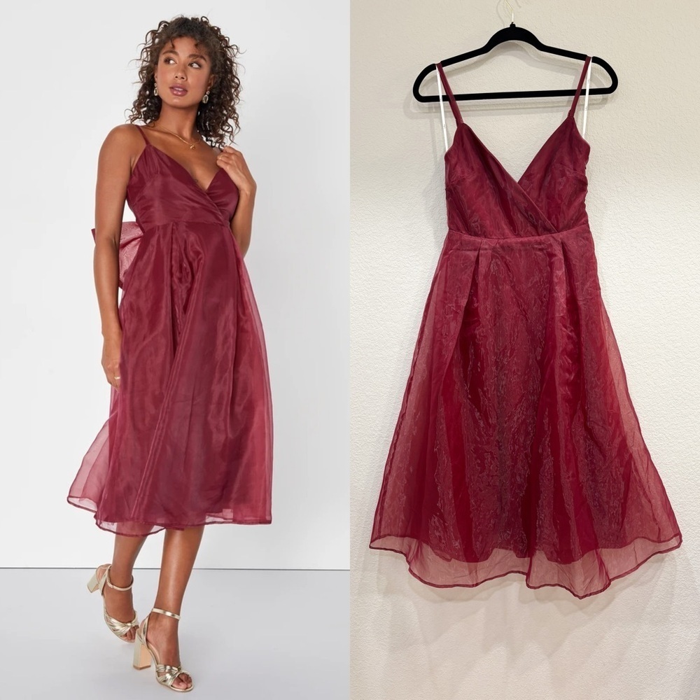 NWOT Lulus Precious‎ Darling Burgundy Organza Bow Pleated Midi Dress